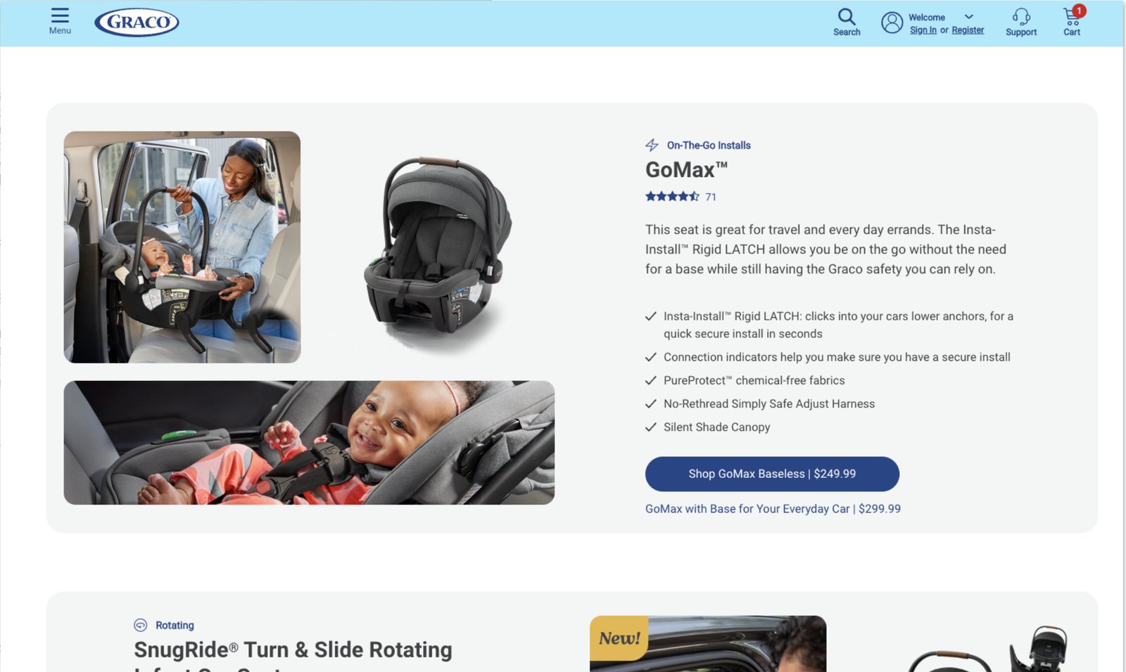 Graco’s redesigned infant car seat landing page: a GoMax product highlight with lifestyle photography, key features, and a single clear call to action