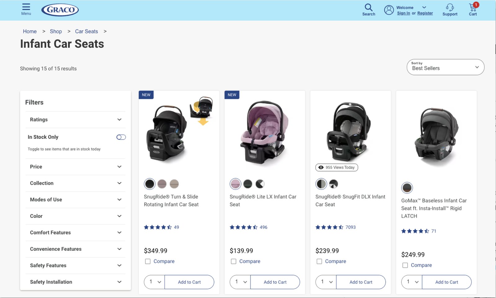 Graco’s original infant car seat page: a grid of 15 products with filters for ratings, price, collection, and features